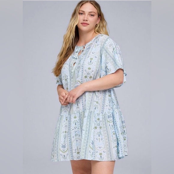 torrid Dresses & Skirts - Belle Isle Pop Over Mini Dress Carolina Palms Light Blue Size 2 Blue Green